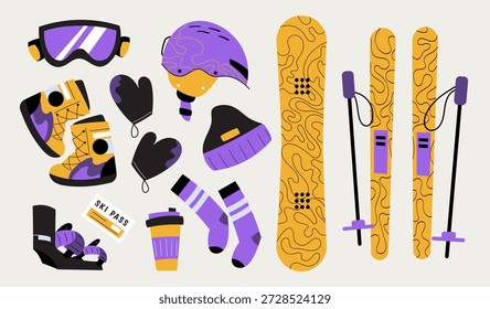 Conjunto vetorial de equipamento de esqui e snowboard incluindo esquis, botas, capacete, óculos de proteção, luvas, postes e acessórios. Equipamento para esportes de inverno para esqui, snowboard, atividades turísticas e recreação ao ar livre