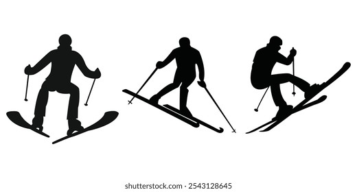 Vector Set of Skier Silhouettes in Winter for Sports Designs