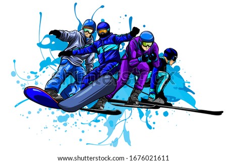 Vector set of skiers. People skiing design elements isolated on white background.