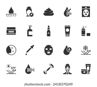 Vector set of skin care flat icons. Contains icons cosmetic mask, collagen, ph balance, moisturizer, serum, retinol, spf, facial roller and more. Pixel perfect.
