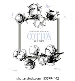 Vector set of skin care ingredients. Organic hand drawn elements. Cotton branch. Use for cosmetic package, shop, store, products,  spa salon, wellness program, procedure, skin, hair care