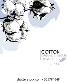 Vector set of skin care ingredients. Organic hand drawn elements. Cotton branch. Use for cosmetic package, shop, store, products,  spa salon, wellness program, procedure, skin, hair care