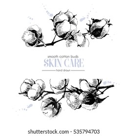 Vector set of skin care ingredients. Organic hand drawn elements. Cotton branch. Use for cosmetic package, shop, store, products,  spa salon, wellness program, procedure, skin, hair care