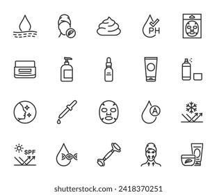 Vector set of skin care line icons. Contains icons cosmetic mask, collagen, ph balance, moisturizer, serum, retinol, spf, facial roller and more. Pixel perfect.