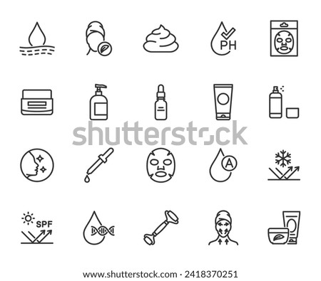 Vector set of skin care line icons. Contains icons cosmetic mask, collagen, ph balance, moisturizer, serum, retinol, spf, facial roller and more. Pixel perfect.