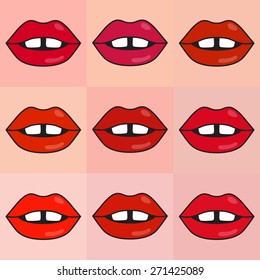 Vector set of skin types and lipstick colors. Seamless pattern in nude tone with red lips. Make up template. Use for postcard, wallpaper, pattern fills, web page background, surface textures, textile.