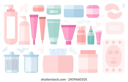 Vector set of skincare products organic cosmetics flat style. Set of beauty products cosmetic tubes, jars and bottles.