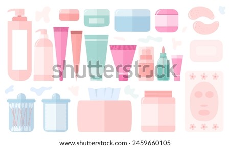 Vector set of skincare products organic cosmetics flat style. Set of beauty products cosmetic tubes, jars and bottles.