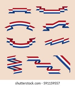 Vector set of skrolled isolated ribbons or banners in colors of Netherlands flag