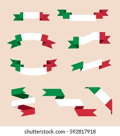 Vector set of skrolled isolated ribbons or banners in colors of Italian flag.