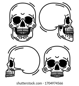 Vector set of skull line icons/ Linear style skull icons/ Front and side view thin line skull icons