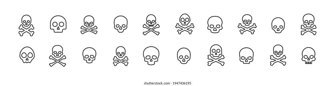 Vector set of skull thin line icons. Design of 20 stroke pictograms. Skull signs isolated on a white background.