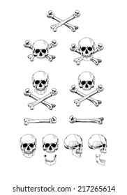 Vector set of skulls, black contour