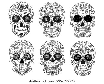 conjunto vectorial de cráneos en blanco y negro	
