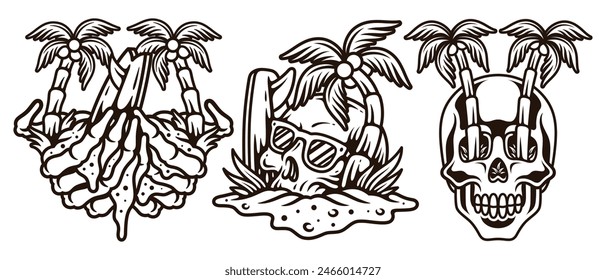 Vector conjunto de calaveras con temática de surf