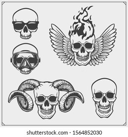 Vector set of skulls. Tattoo, emblems. Print design for t-shirt.