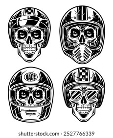 Vector set of skulls wearing motorcycle helmets