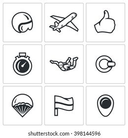 Vector Set of Skydiving Icons. Helmet, Plane, Ready, Time, Skydiver, Ring, Parachute, Landing Place, Wind Direction. Extreme air parachute jump. Isolated symbols on a white background