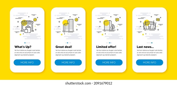 Vector set of Skyscraper buildings, Market and Buildings line icons set. UI phone app screens with line icons. Arena stadium icon. Town architecture, Shopping bags, City architecture. Vector