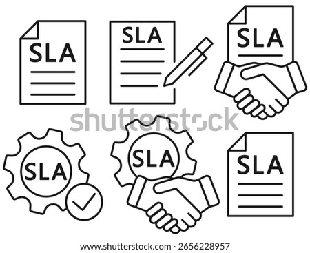 Vector set of SLA line icons representing agreement, partnership, contract signing, and service compliance. SLA icon set. Contract agreement line icon. Business compliance illustration.