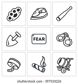 Vector Set of Slavery Icons. Beatings, Torture, Threat, Servitude, Fear, Captivity, Shackles, Cigar, Construction. Forced to work in conditions of slavery. Isolated symbols on a white background