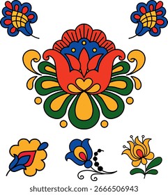 Conjunto de Vector de Elementos florales populares eslavos: emblema de flores rojas con gotas de oro verde, brotes azules y remolinos. Clipart separado en blanco para patrones, embalaje, artesanías y decoración.
