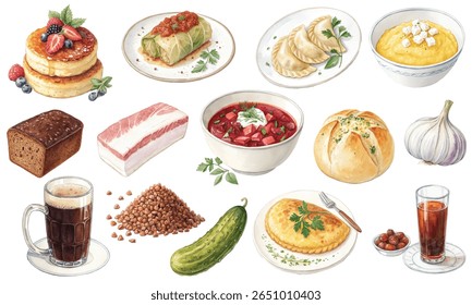 Conjunto vetorial de comida eslava e ucraniana em estilo aquarela: borscht, varenyky, holubtsi, trigo mourisco, kvass, pão de centeio, salo, alho, panquecas, queijo cottage, polenta e pirozhki.