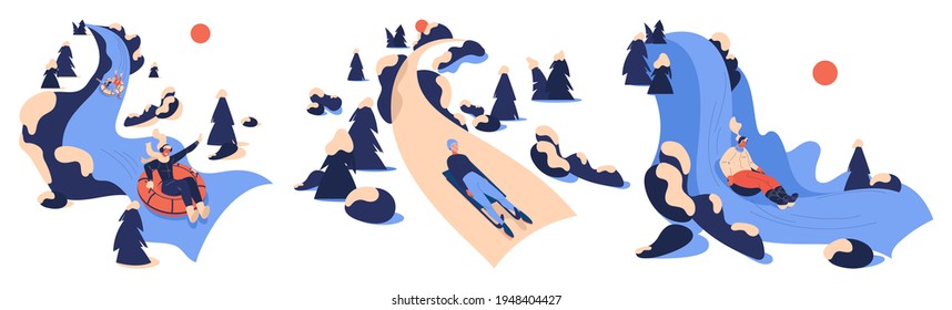 Vector Set With Sledding People. Women On Luge, Wok Racing And Tubing Donuts In Winter Landscapes Isolated On White