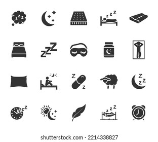 Vector set of sleep flat icons. Contains icons pillow, bed, insomnia, sleeping pills, sleep mask, mattress and more. Pixel perfect.