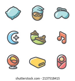 Vector Set of Sleep and Night Rest Icons. Man, Pillow, Mask, Lullaby, Palm, Clock, Curtain, Sleeping Pills.