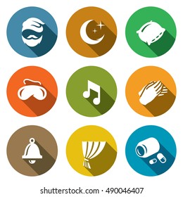 Vector Set of Sleep and Night Rest Icons. Man, Pillow, Mask, Lullaby, Palm, Clock, Curtain, Sleeping Pills.