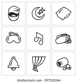 Vector Set of Sleep and Rest Icons. Man, Night, Pillow, Mask, Lullaby, Palm, Clock, Curtain, Sleeping Pills. Night rest of the body, dreams. Isolated symbols on a white background