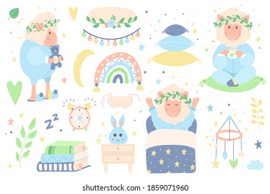 Vector Set of Sleep Sheep in Pajamas and Funny Elements . Cute Kid's Character for Design, Postcards,Web in Flat style. Adorable Animal on Pillows,in Bed.Good Night.Isolated on white background.