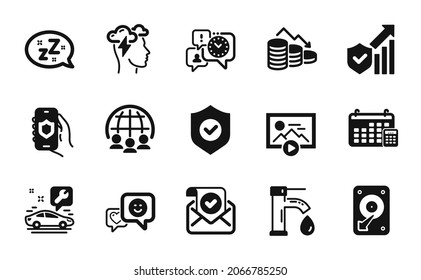 Vector set of Sleep, Start presentation and Security statistics icons simple set. Security app, Global business and Tap water icons. Confirmed mail, Mindfulness stress and Money loss signs. Vector