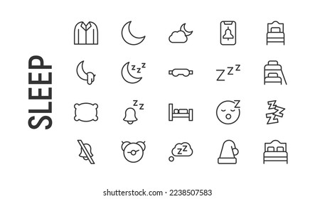 Conjunto vectorial de iconos de línea delgada de suspensión. Diseño de 20 pictogramas de infarto. Signos de sueño aislados en un fondo blanco.