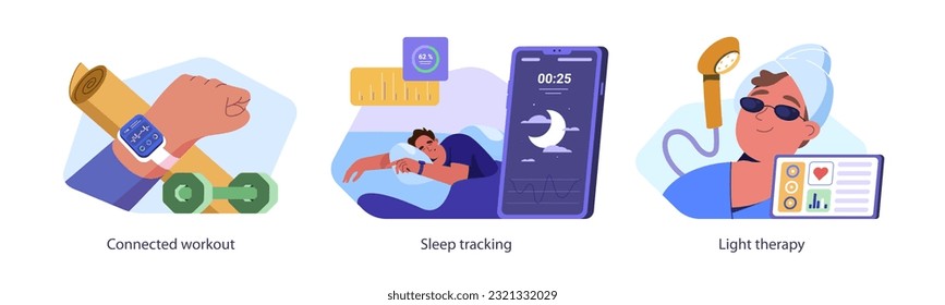 Vector set of sleep tracking, light therapy and connected workout. Digital tracker and diagnostic sleeping app for healthy control. Smart fitness with wearable device for health monitoring.