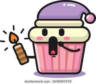 Vector Set of Sleepy Kawaii Cupcakes with Nightcaps and Candle