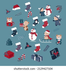 Vector set of sleigh bells, snowman, Christmas socks, gifts in isolation. Merry Christmas clipart