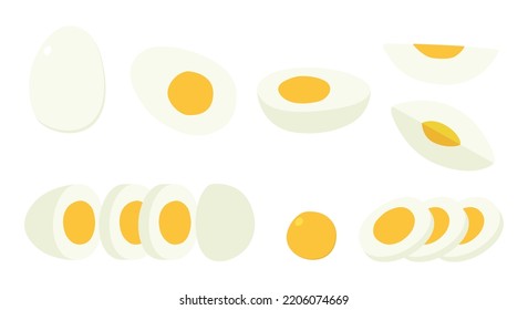 Conjunto vectorial de la pieza de huevo duro en rodajas. Sencillo, medio, cuarto, corte en rodajas de huevo hervido ilustración vectorial plana aislado. Huevo de pollo hervido blanco con estilo dibujado a mano con yema amarillo