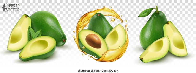 Vector set of sliced ripe avocados isolated on white background. Realistic transparent circle oil splash with pieces of fruit inside. 3D illustrations of food. Packaging design element