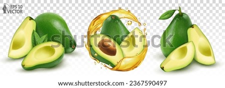Vector set of sliced ripe avocados isolated on white background. Realistic transparent circle oil splash with pieces of fruit inside. 3D illustrations of food. Packaging design element