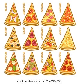 Vector set slices of italian Pizza: 12 labels for pizzeria menu with title text, triangular pieces different kinds of pizza top view with original font, design signs for pizza in fast food restaurant.