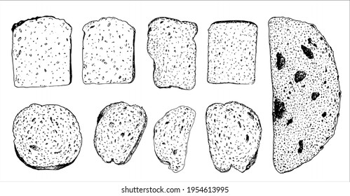 Vector set of slices of various shapes and types of bread, top view drawn by hand with a black line in the sketch style on a white background. bread slice texture for bakery menu packaging design temp