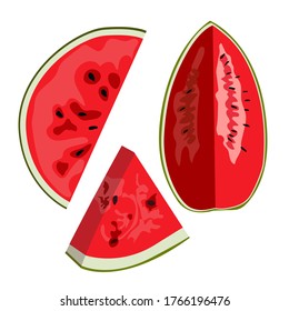 Vector set of slices of watermelon fruit flat design isolated. Realistic ripe fruit illustration for farm market menu. Healthy food design