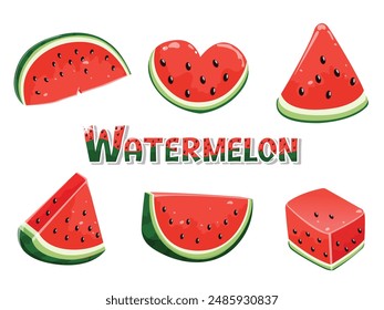 Vector set of slices watermelon fruit isolated. Natural and healthy food and summer holiday. EPS 10 vector illustration. Easily edit as you wish with vector files EPS or AI