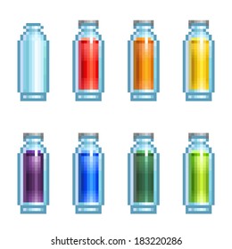 Vector set of slim pixel bottles with different potions 