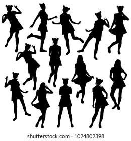 Vector set of slim silhouettes of cosplay girls in student uniform. Anime girl different poses in white background.