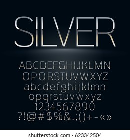 Vector set of slim silver letters, numbers and symbols. Contains graphic style