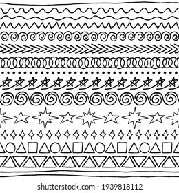 Vector set of sloppy ink-drawn seamless brushes. Jagged rough drawn black scribbles of dividing straight, wavy lines, stars, triangles, circles, spirals. For website design, printing on paper, textile