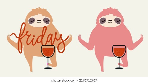 Vector set with sloth, wine glass and lettering word Friday. Colored typography poster collection